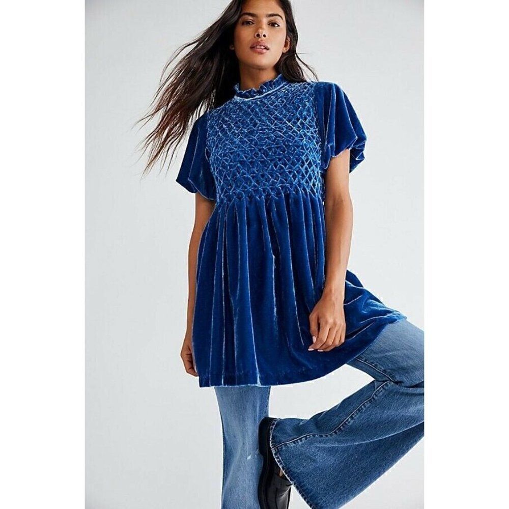 NEW FREE PEOPLE Sz M GUM DROP MINI DRESS VELVET MOCK NECK STITCHED DEEP RIVER
